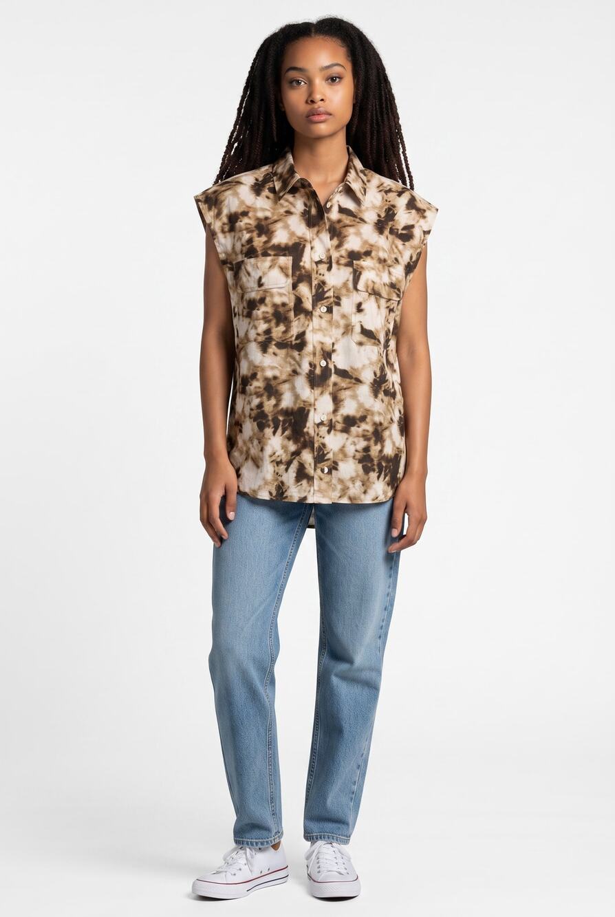 Samsoe Brown Abstract Tie Dye Sleeveless Button Up Blouse Small NWOT Boho Chic